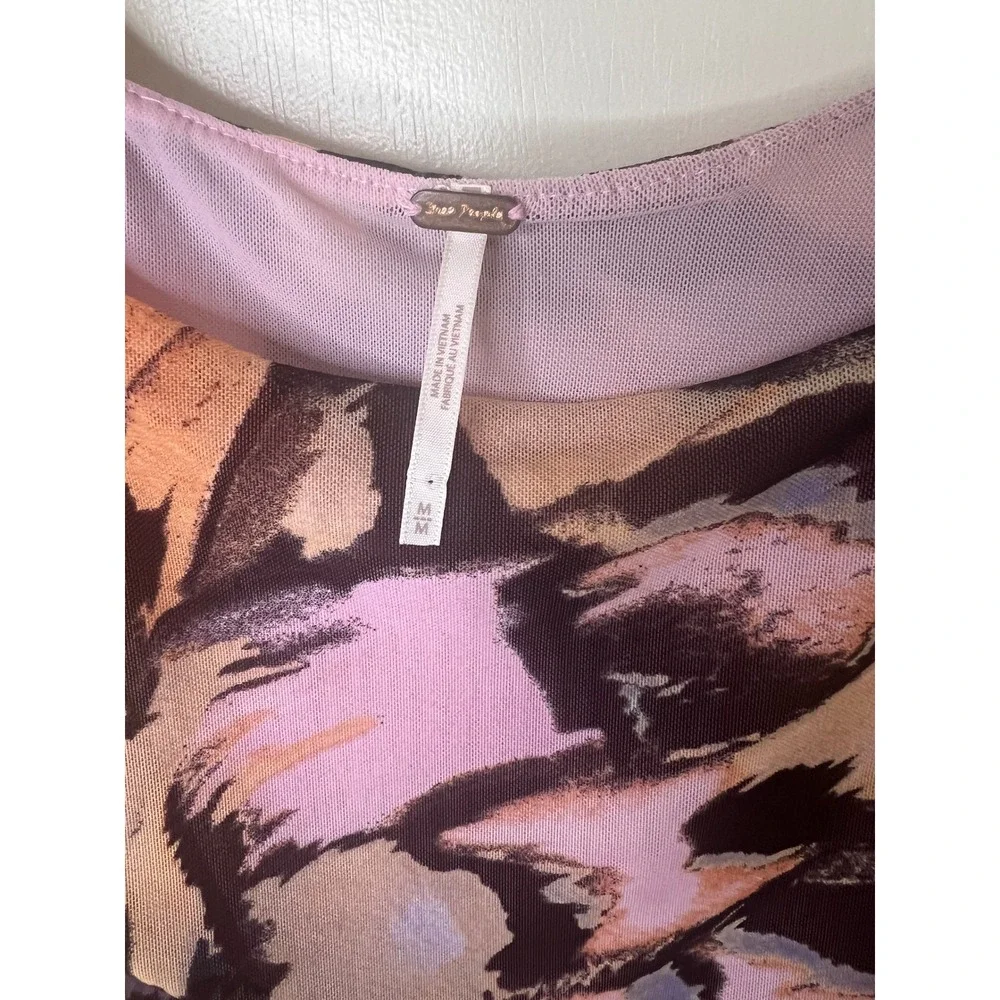 Free People Mesh Butterfly Print Ruched Tie Shoulder Crop Top Pink Orange Med.